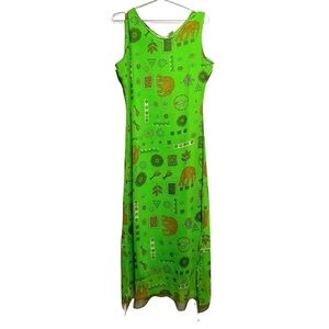 Vintage Green MIDI Dress T.U.K.S Size S. Doodle Drawings Side Slits